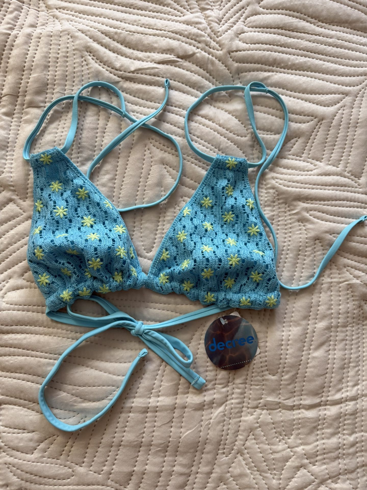 Decree Crochet Bikini Top Vivid Blue Aqua Lime Floral Embroidered Medium