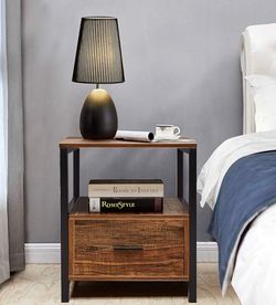 22” Rustic Brown Nightstand End Table with Drawer, Open Shelf & Black Metal Frame
