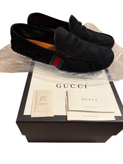 Gucci Men Flag Black Suede Driving Moccasin Loafer Sz 8.5/42US — Queen NS Grosgrain Pesante 