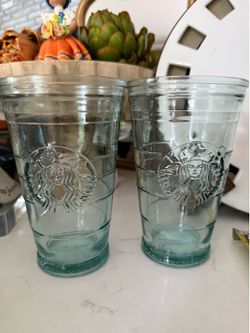 Pair of Starbucks Recycled Glasses  16 oz - thick recycled glass made in Spain - Green tint