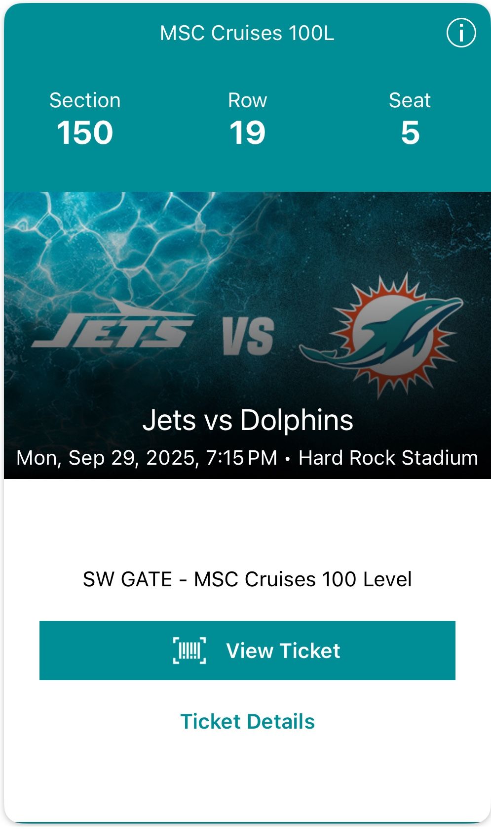 Dolphins Vs Jets MNF Tickets - Section 150 Row 19 Seat 2-5