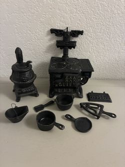 Vintage Miniature Cast Iron Cook Stove & Cookware Set AND Potbelly Stove!
