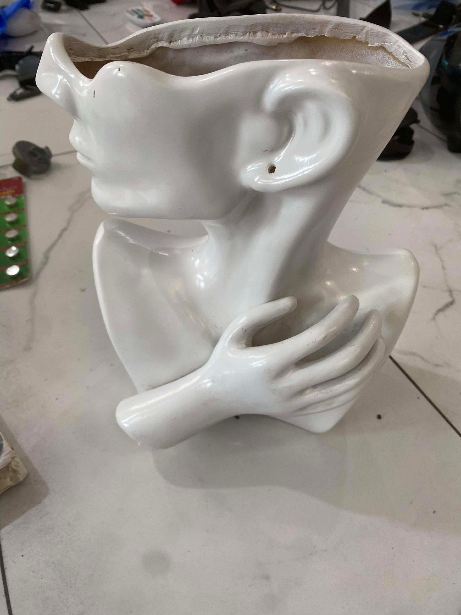 Elegant Woman's Head & Hand Flower Vase Matte White Ceramic 9.25"x 8" FLAT BACK
