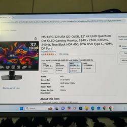 MSI MPG 321URX QD-OLED, 32" 4K UHD Quantum Dot OLED Gaming Monitor, 3840 x 2160, 0.03ms, 240Hz, True Black HDR 400, 90W USB Type C, HDMI, DP Por