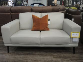 Cream Leather Mid-Century Track-Arm Loveseat
