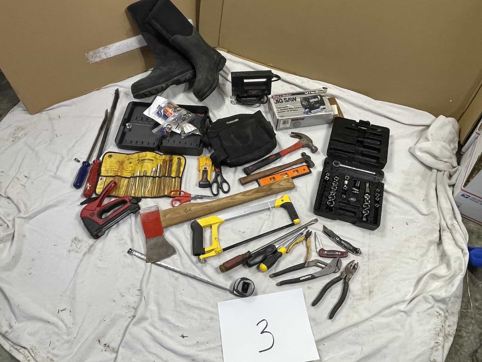 $50 - Tools GRAB BAG #3 : Muck boots, jigsaw, metal punches, hammers, level, axe, pliers & More