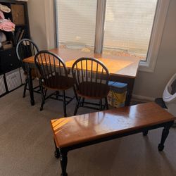 Wood Table, 3 Chairs, And Bench
