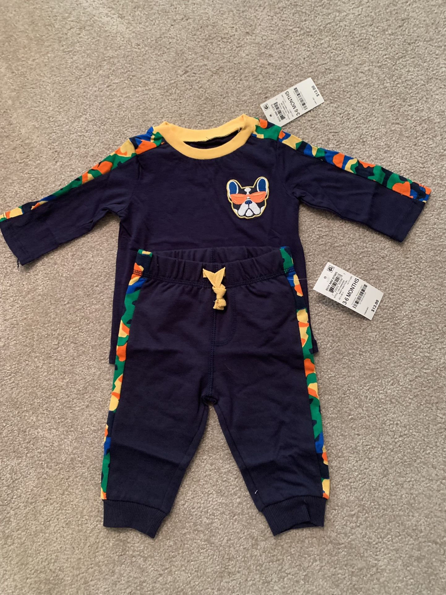 Super cute dog with multi-colored camo print,boys size 3-6 mth,OPP $26,brand new!