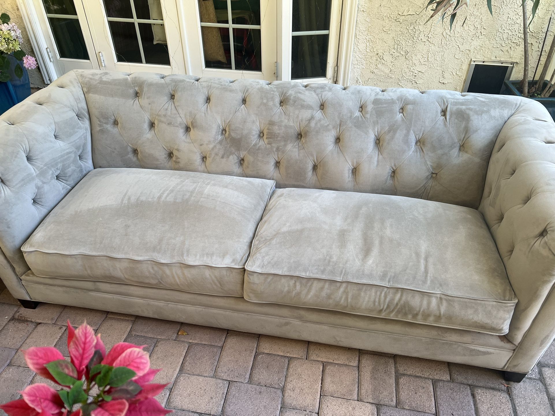 Martha Stewart Kallison Pale Gray Velvet Tufted Chesterfield Sofa