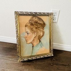Original 1960 Watercolor portrait Women In Metal Frame 12/15 Inch