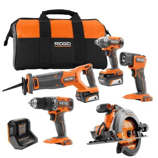 Brand New In Box Rigid 18V Cordless 5-Tool Combo Kit with (2) 4.0 Ah Batteries, Charger, Tool Bag, and Accessories