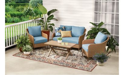 Mainstays Chelsea Outdoor Patio Steel 4-Pieces Deeping Seating Set with Blue Cushions