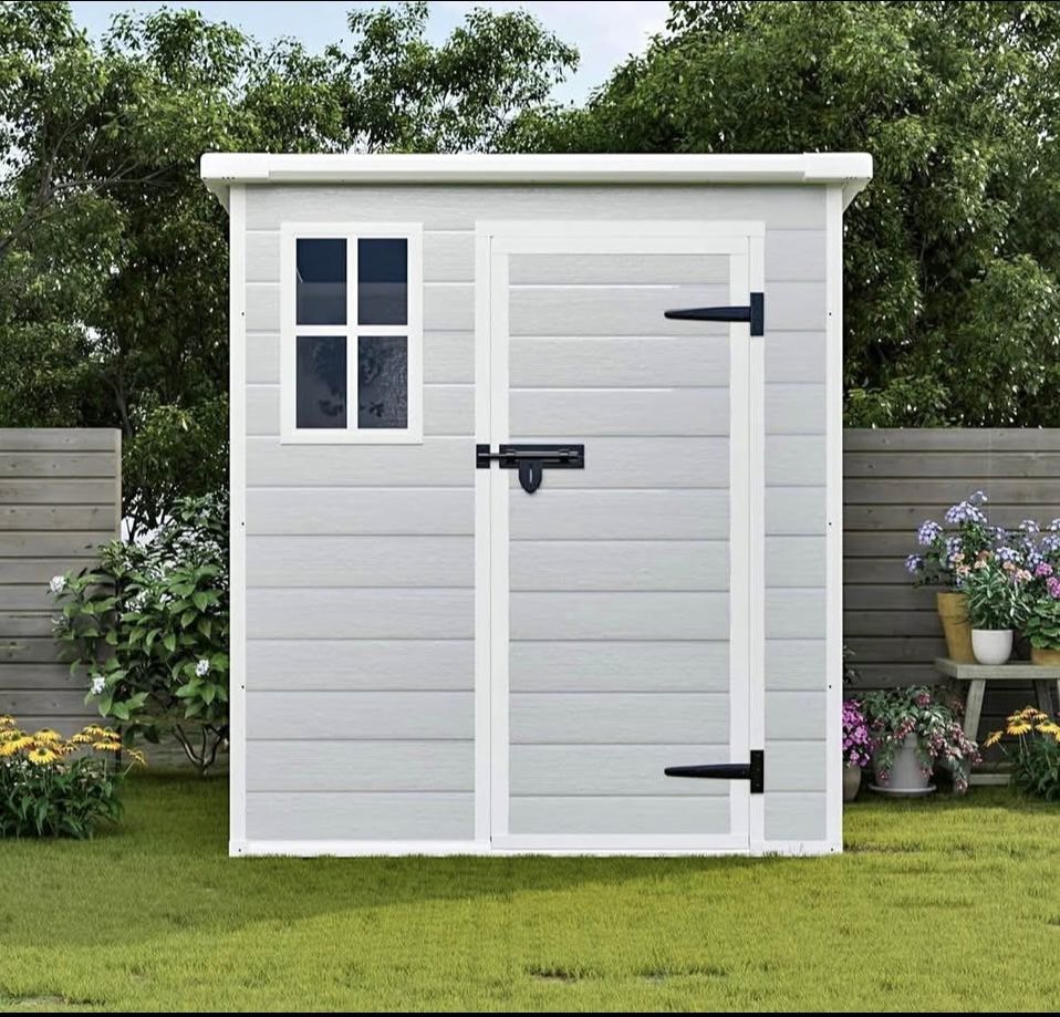 New in Box 6 x 6 FT Resin Outdoor Storage Shed Waterproof Shed w/ Floor Two Windows & Lockable Door