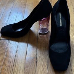 Nicholas Kirkwood Vero Cuoio Black Suede Chunky Cleared Square Toes Heels Shoes, size 37.5