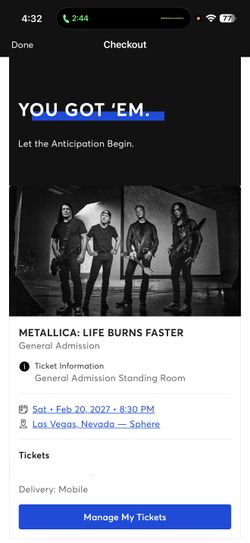 Metallica Floor Tickets First Entry GA +