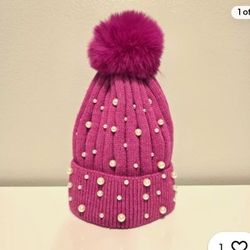 Steve Madden Faux Pearls Beaded Hot Pink Beanie Hat with Pompon NWT