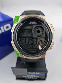 Casio AE-1000W World Time Digital Watch Black Gold 5 Alarms WR100M Brand New In Box