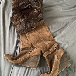 Michael Kors Suede Faux Fur Knee High Brown Boots Size 8
