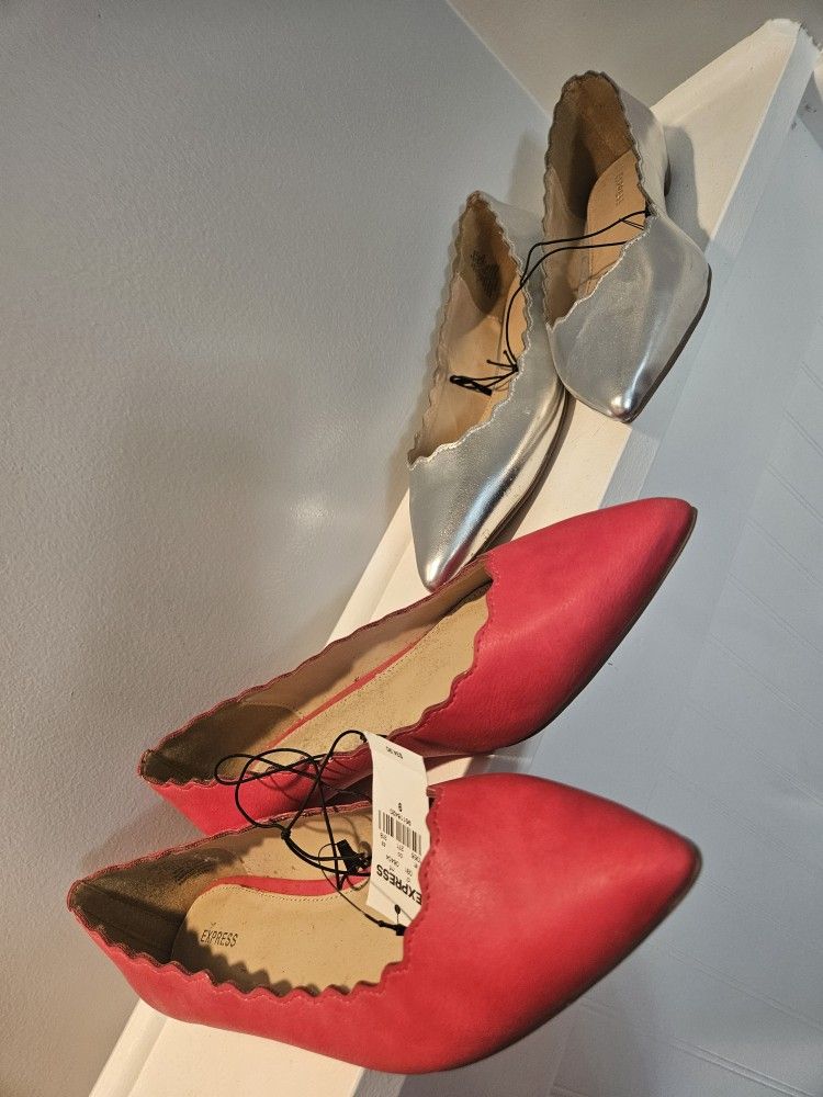 Express Flats Silver And A Red Pink Pair New Nwt 9