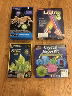 Educational kits (dinosaur excavation, light kit, 2 crystal growing kits)