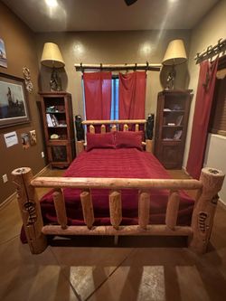 Hand Carved Log Bed Frame with Bear and Raccoon