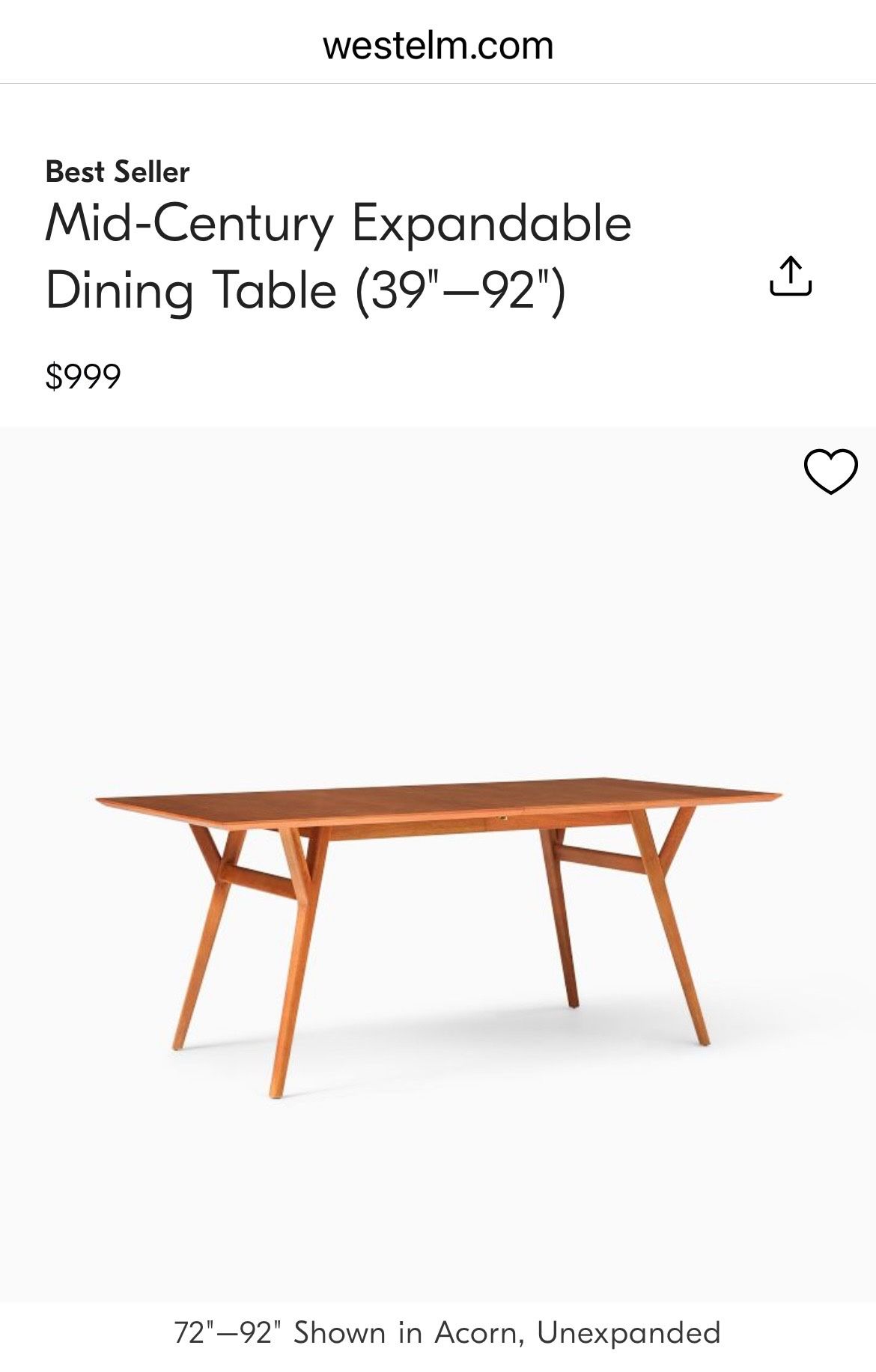 72 Inch Long West elm mid century dining table. Acorn Finish
