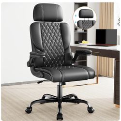 Sytas Executive Leather Office Chair, Comfy Desk Chair with Adjustable Headrest & Flip-up Padded Arms & Lumbar Support, Adjustable Hight and Tilt, Rol