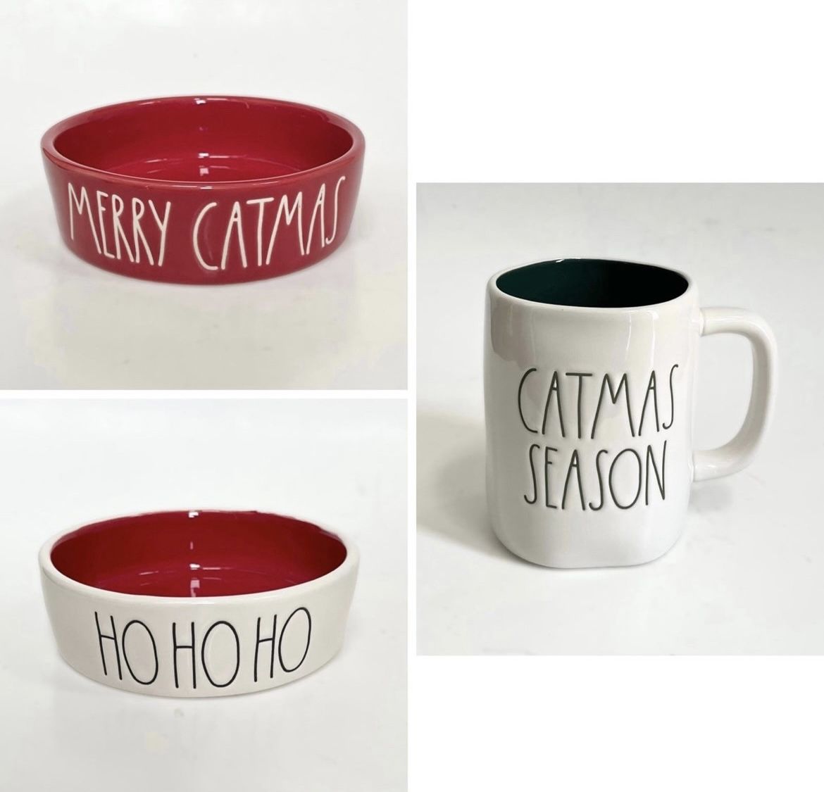 Rae Dunn Merry Catmas Ho Ho Ho Christmas Season Red Green White Mug Pet Bowl