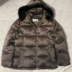Ladies Calvin Klein Brown Puffer Coat with faux fur Hood