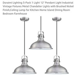 3pk Single Light Bulb 12inch Pendant Light Industrial Vintage Fixtures Brushes Nickel