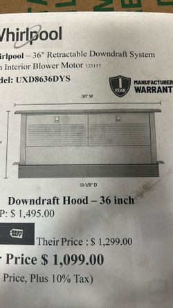 Whirlpool  600 CFM 36 Inch Wide Stainless Steel Downdraft Range Hood with Touch-Activated Telescoping Action