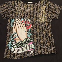 Christian Audigier Men's Graphic T-Shirt Black Multicolor Faith Tattoo Size M
