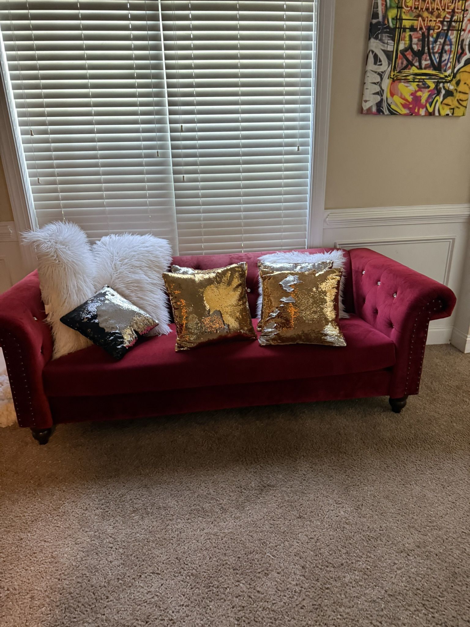 Red Rhinestone Velvet Sofas Excellent Condition