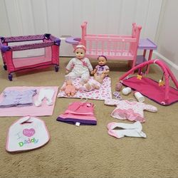 Baby Doll Crib, Playpen, 3 Dolls, Play Mat, Clothes And Misc 