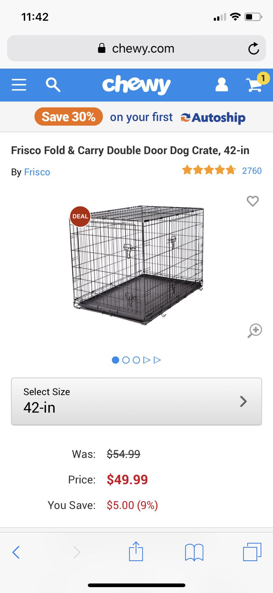 Frisco fold & carry double door dog crate, 42-in