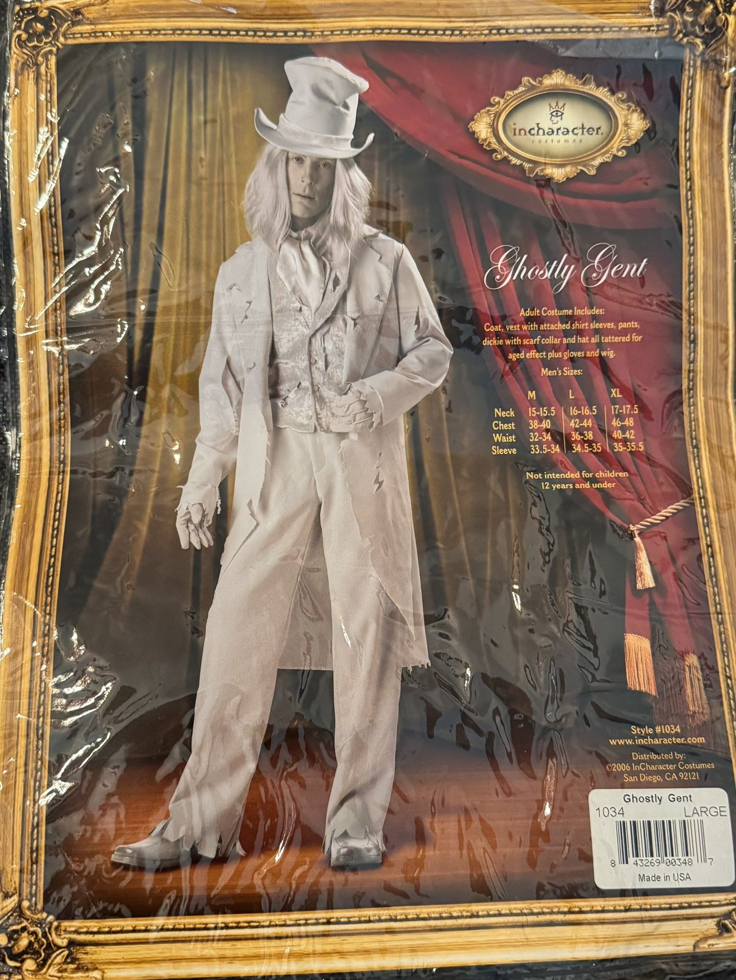 Ghostly Gent In Character Gray Coat, Pants, Hat, Collar, Wig Size L Costume