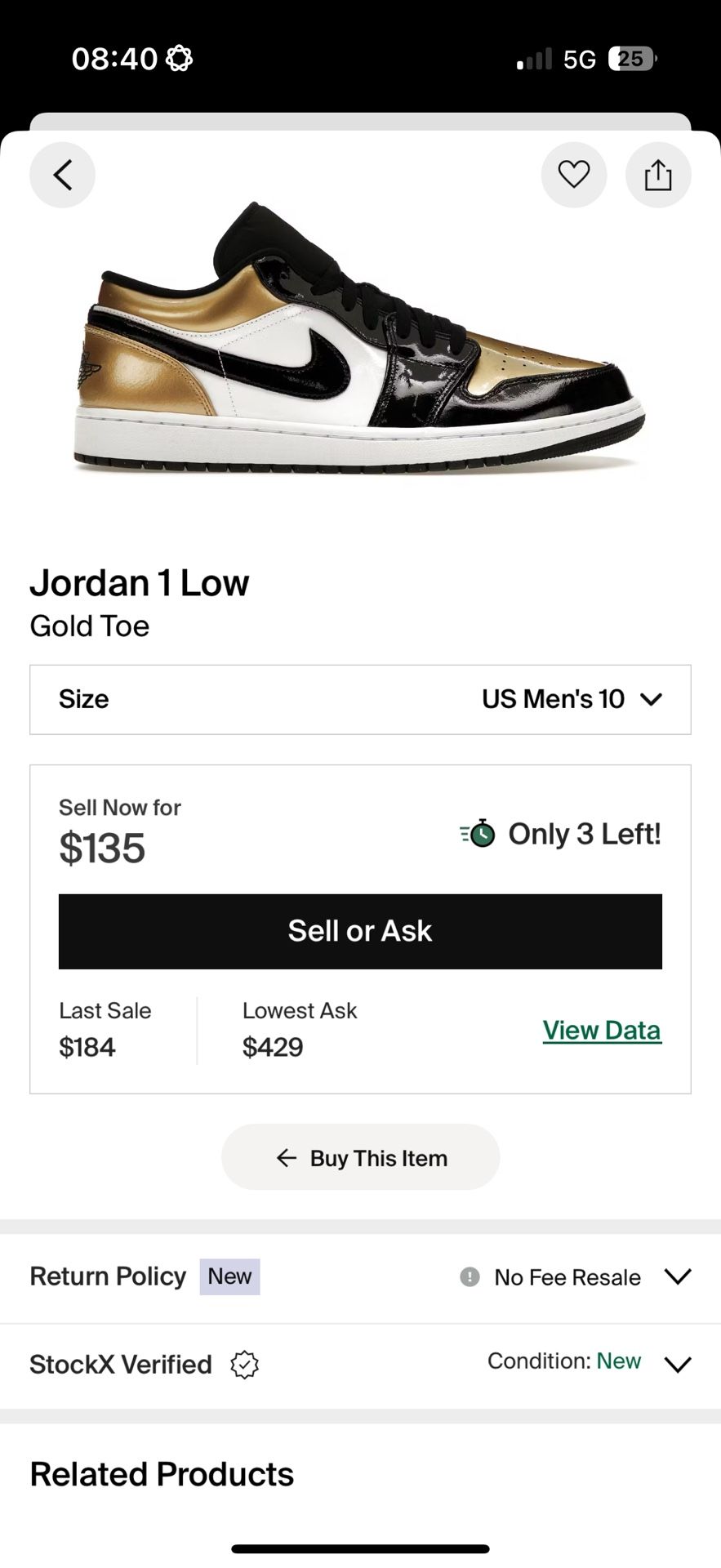 Jordan 1 Gold Toe Size 10 DS