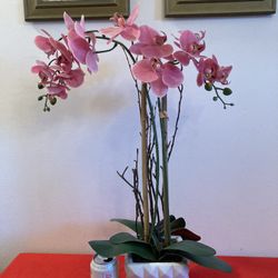 Pink Silk Orchids In White Ceramic Vase 🔻DETAILS BELOW🔻Floral Arrangement 