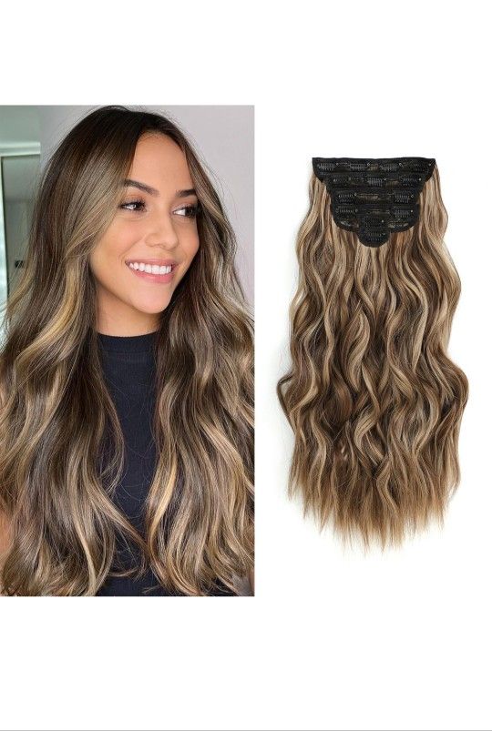 Highlight balayage dark brown Hairpieces, Natural & Blends Well Synthetic Clip in Hair Extensions (16inch, 6pcs, Chocolate Brown&Honey Blonde)