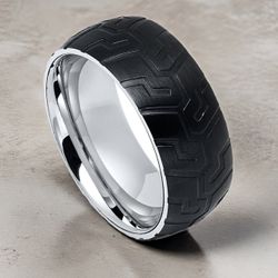 Men's 8mm Tungsten Carbide Black Tire Tread Pattern Anodized Non-Faded Fashion Band