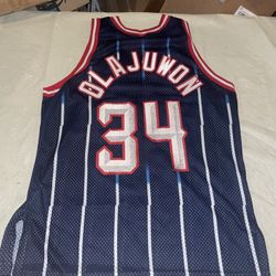 AUTHENTIC Hakeem Olajuwon Champion JERSEY Men 48 Houston Rockets Blue Gold Clean