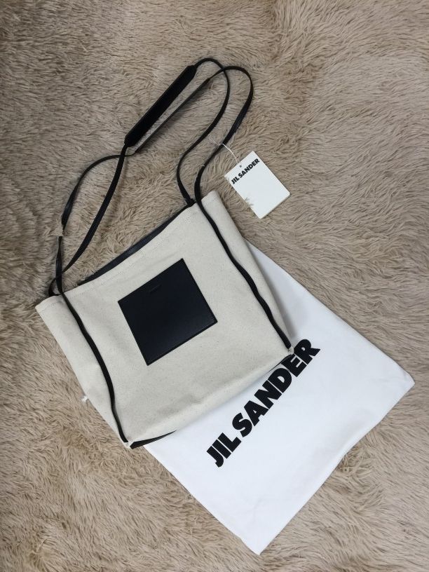 JIL SANDER Border medium canvas and leather tote bag