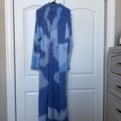 Blue Ombre Faux Fur Knit Cardigan – Long Statement Coat 