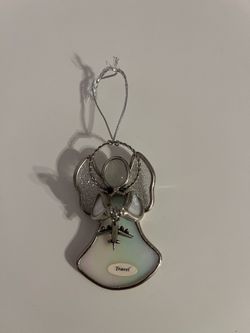 Angel Ornament White Sun Catcher Stained Glass Holding Airplane— Travel