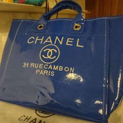 Large Blue Leather Chanel Tote Bag With Matching Wallet NEW