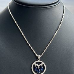 Jewelry .925 solid sterling silver rope Chain necklace 24.00” 9.10 grams 1.70mm with round blue and white CZ stone 2.50CTW pendant charm