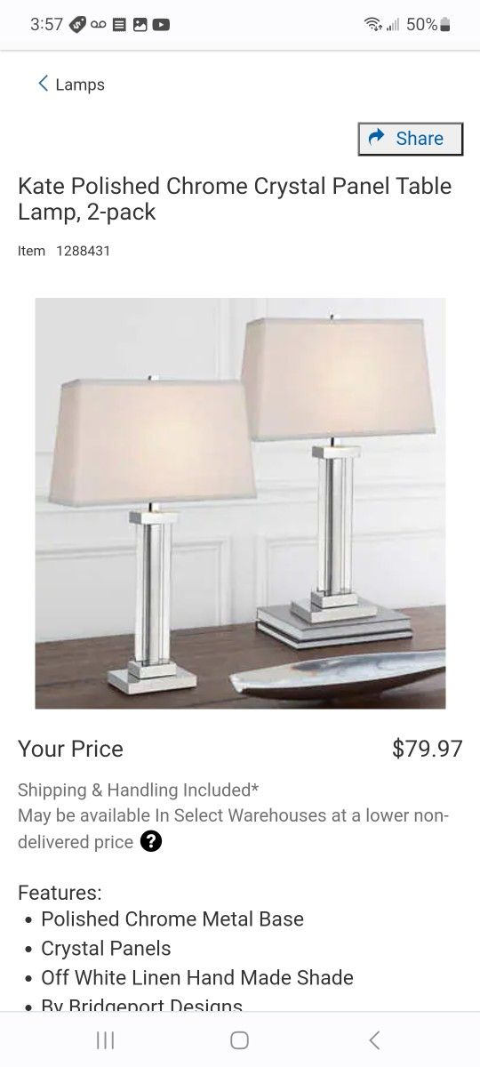 Kate Polished Chrome Crystal Panel Table Lamp, 2-pack $50