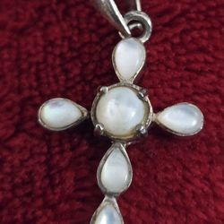 Mid Century Hand Made Cross Pendant 925 Sterling Silver Carved Mother of Pearl