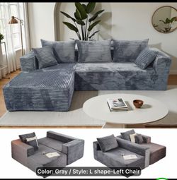 Brand New L-Shape Sectional Sofa with Chaise – Gray Corduroy (2 Available)