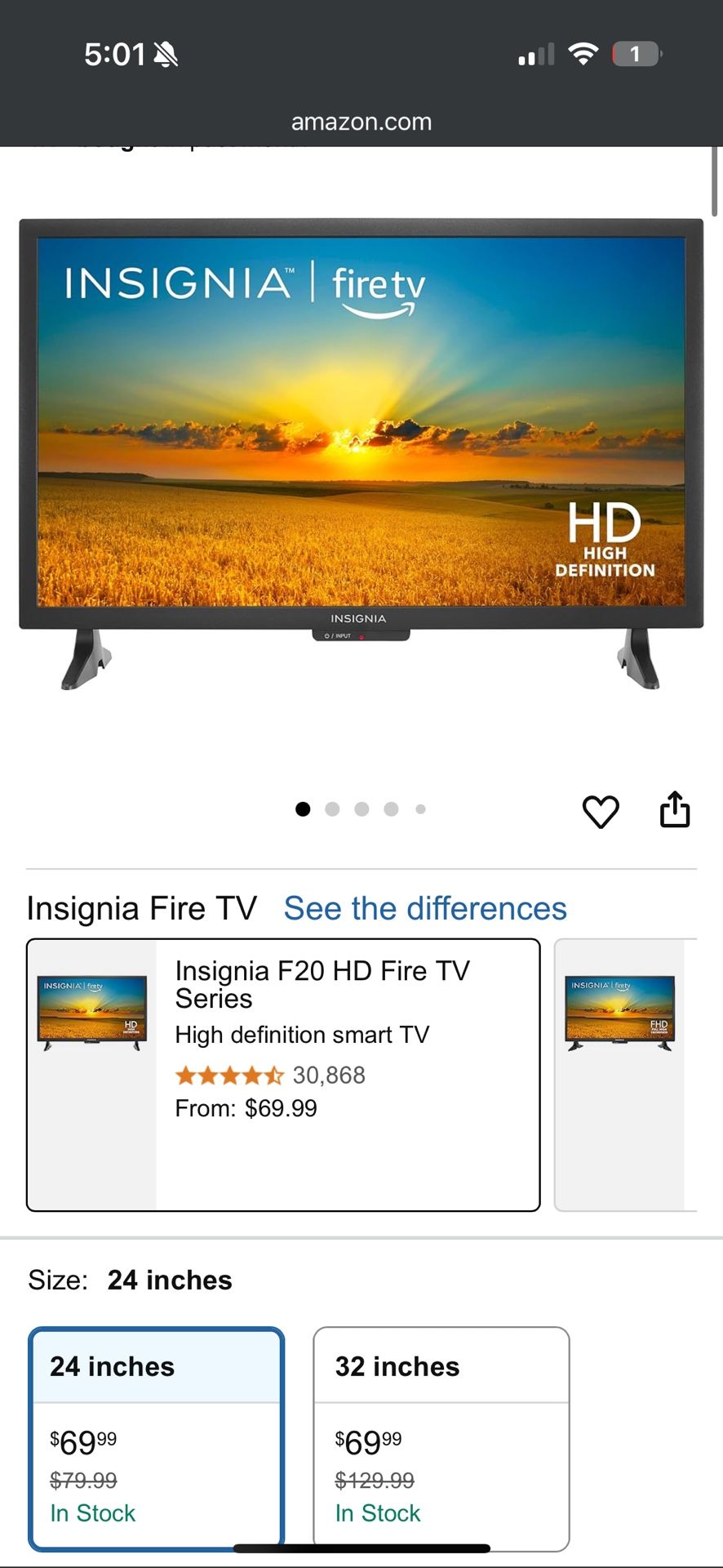 INSIGNIA 24" Class F20 Series Smart HD Fire TV, Voice Remote with Alexa, Free & Live TV